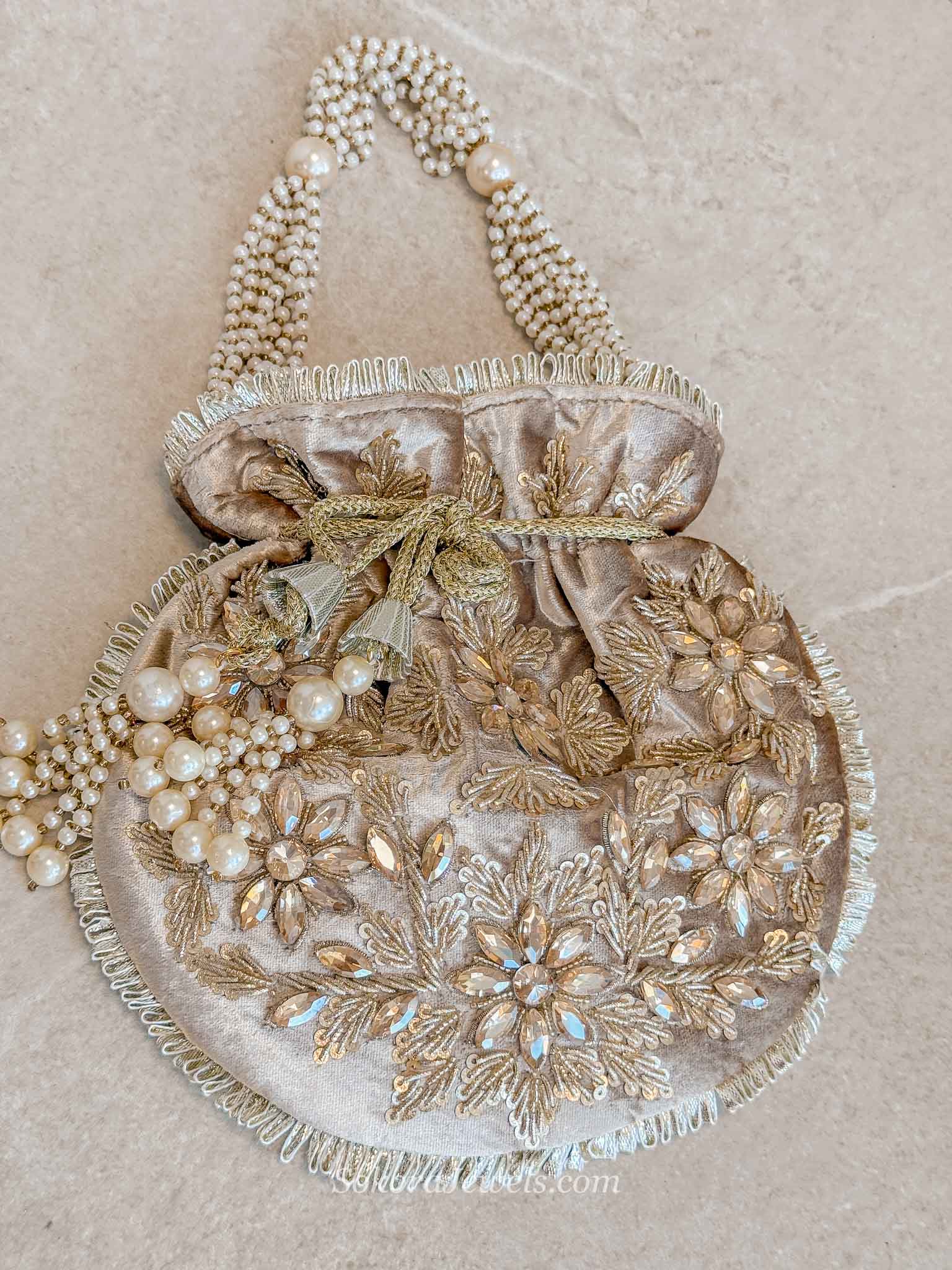 Floral Bead Detail Potli Bag - Nude Brown