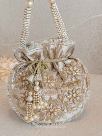 Floral Bead Detail Potli Bag - Nude Brown