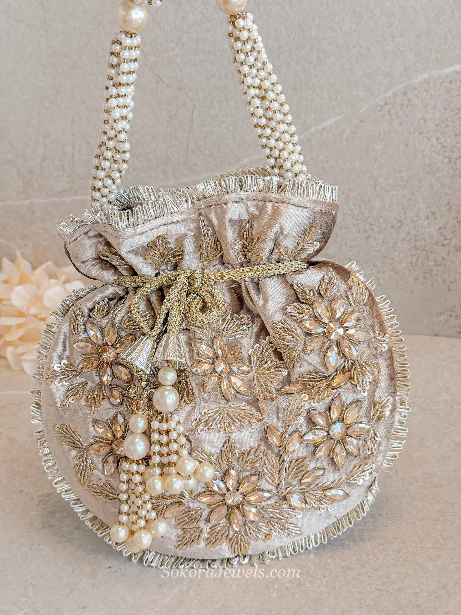 Floral Bead Detail Potli Bag - Nude Brown