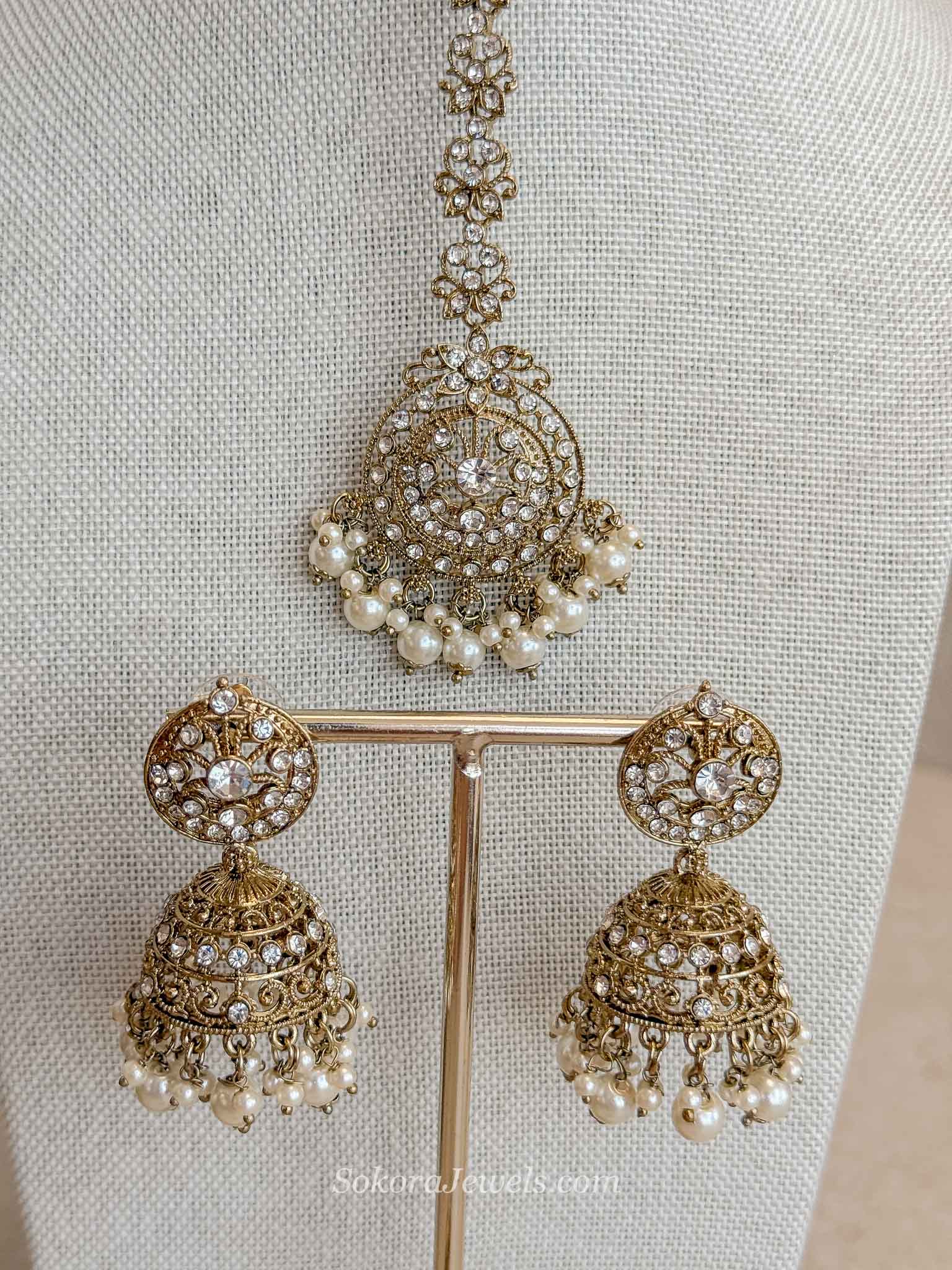 Mandala Clear & Pearl Jhumka Earrings with Tikka Set
