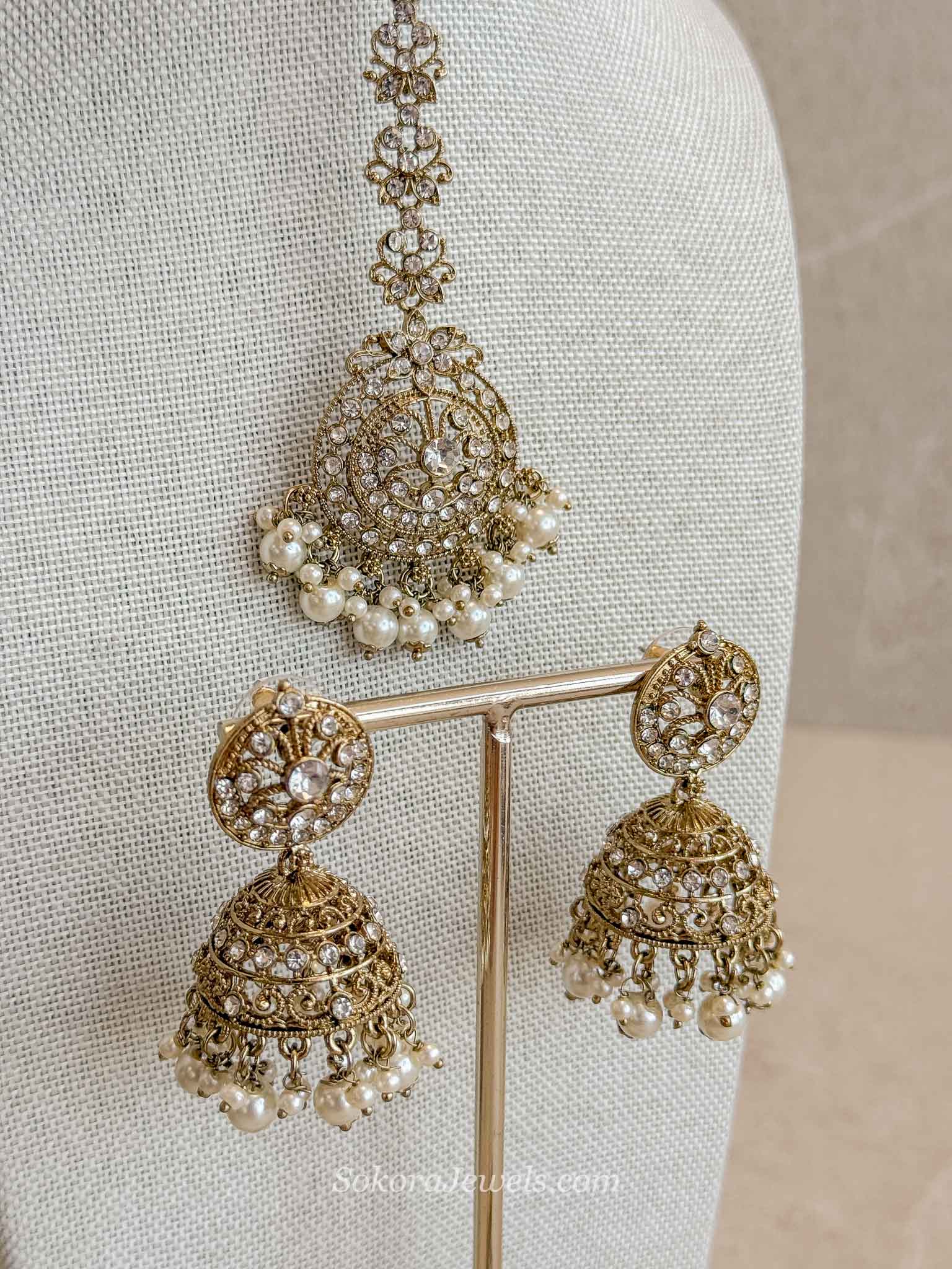 Mandala Clear & Pearl Jhumka Earrings with Tikka Set