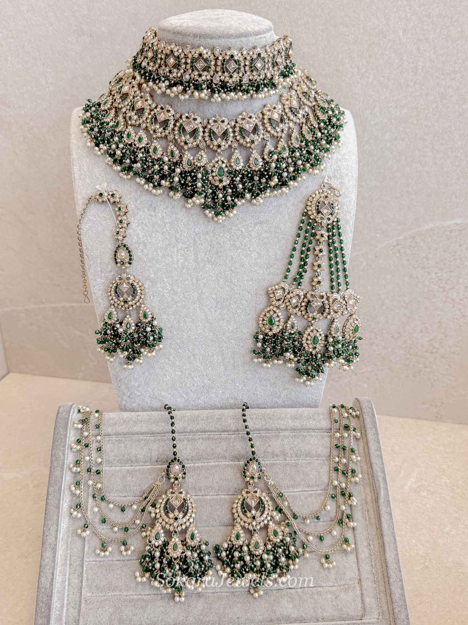 Zariya Emerald Green & Golden Crystal Bridal Set