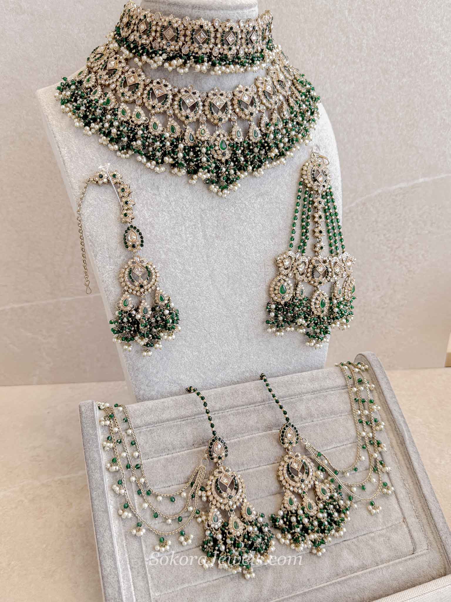 Zariya Emerald Green & Golden Crystal Bridal Set