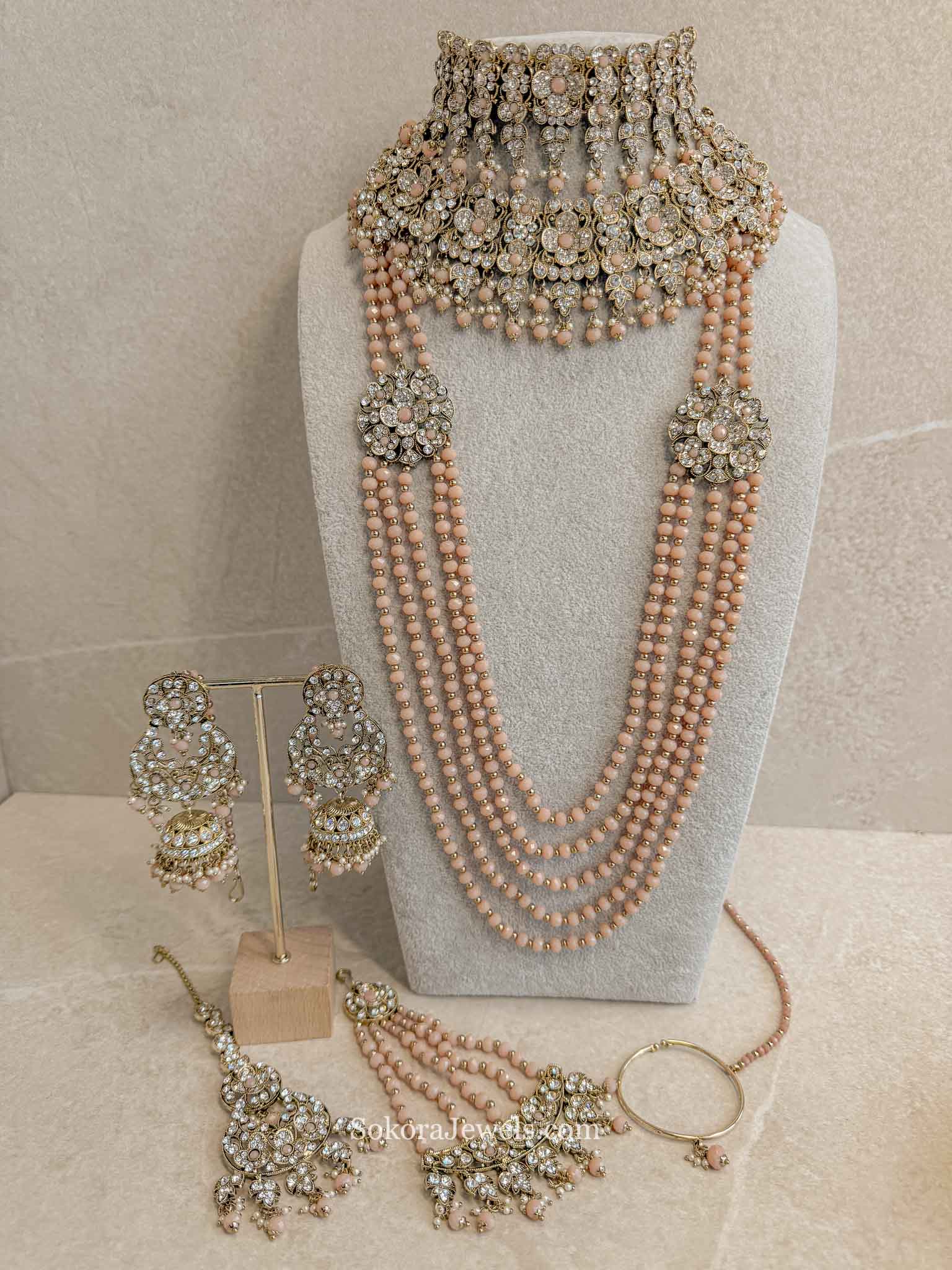 Yusra Bridal Double Necklace set - Peach