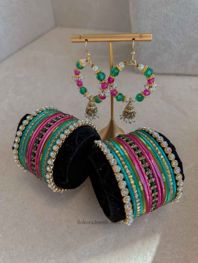 Bangle & Jhumka Earring Box Set - Pink & Teal