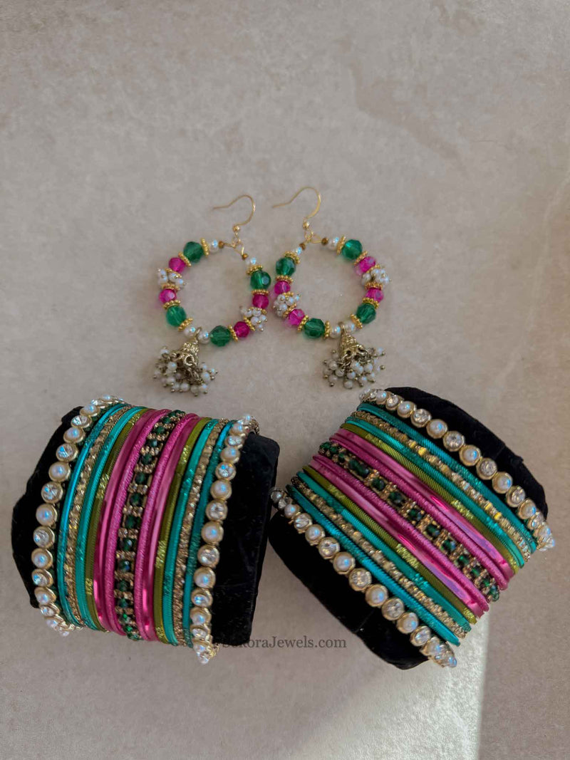 Bangle & Jhumka Earring Box Set - Pink & Teal