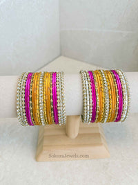 Bangle & Jhumka Earring Box Set - Pink & Yellow