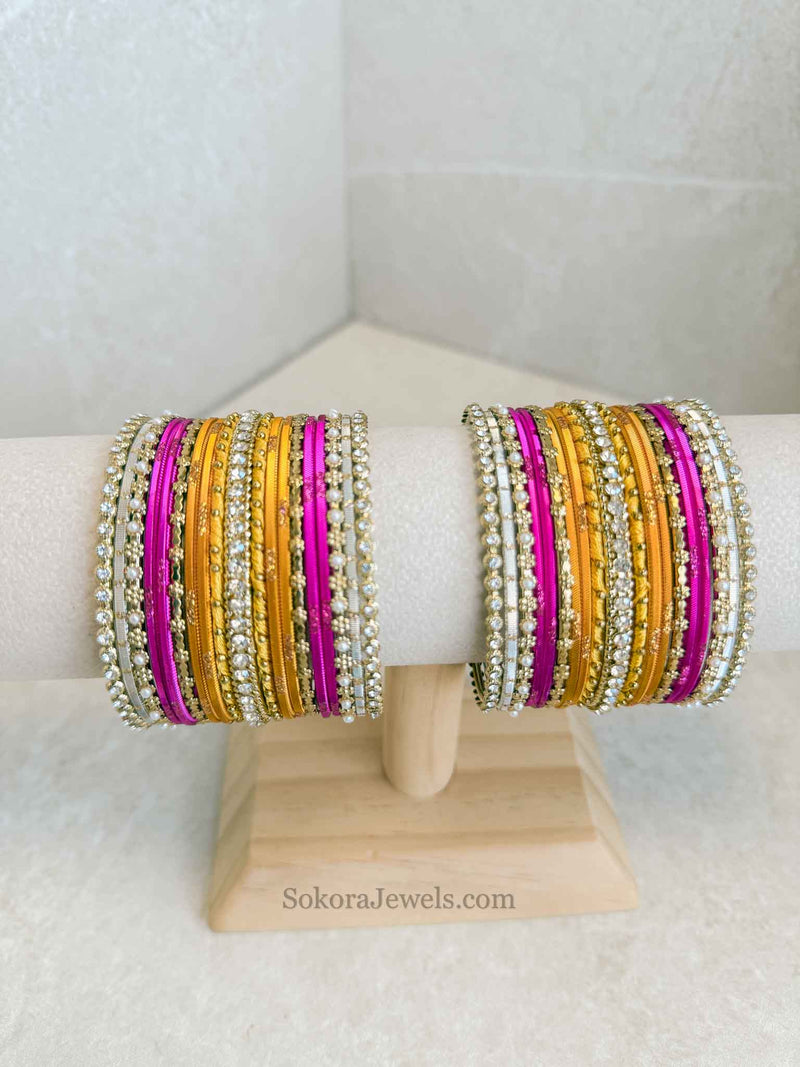Bangle & Jhumka Earring Box Set - Pink & Yellow
