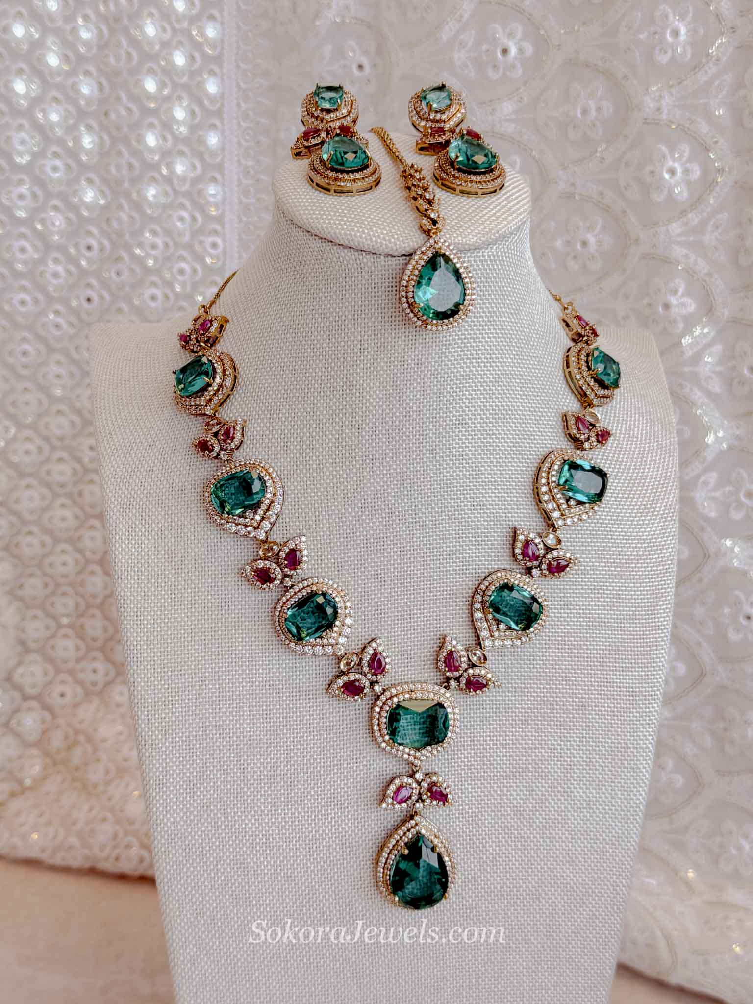 Nisa Teal & Ruby Bridal Necklace Set
