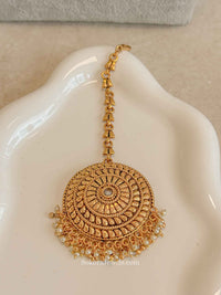 Gold Statement Maang Tikka – Pearl Drop Finish