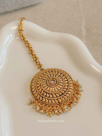Gold Statement Maang Tikka – Pearl Drop Finish