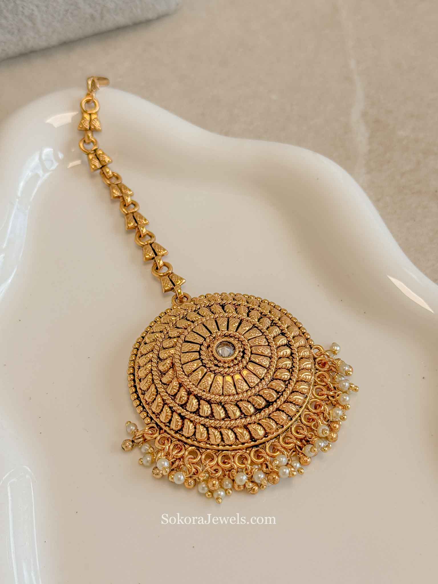 Gold Statement Maang Tikka – Pearl Drop Finish