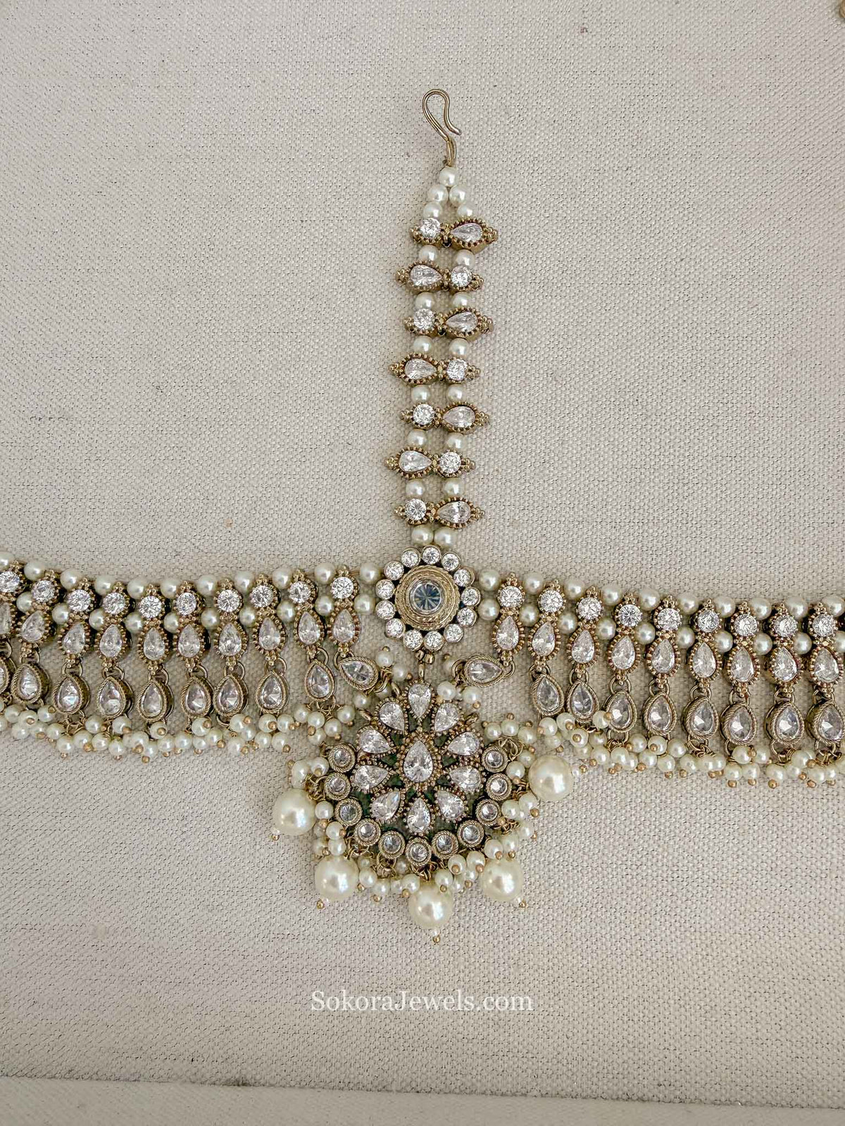Luxury Clear Crystal & Pearl Bridal Mathapatti