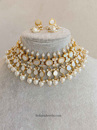 Mother of Pearl Choker Necklace and Earring Set – Gold Plated
