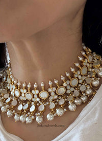 Mother of Pearl Choker Necklace and Earring Set – Gold Plated