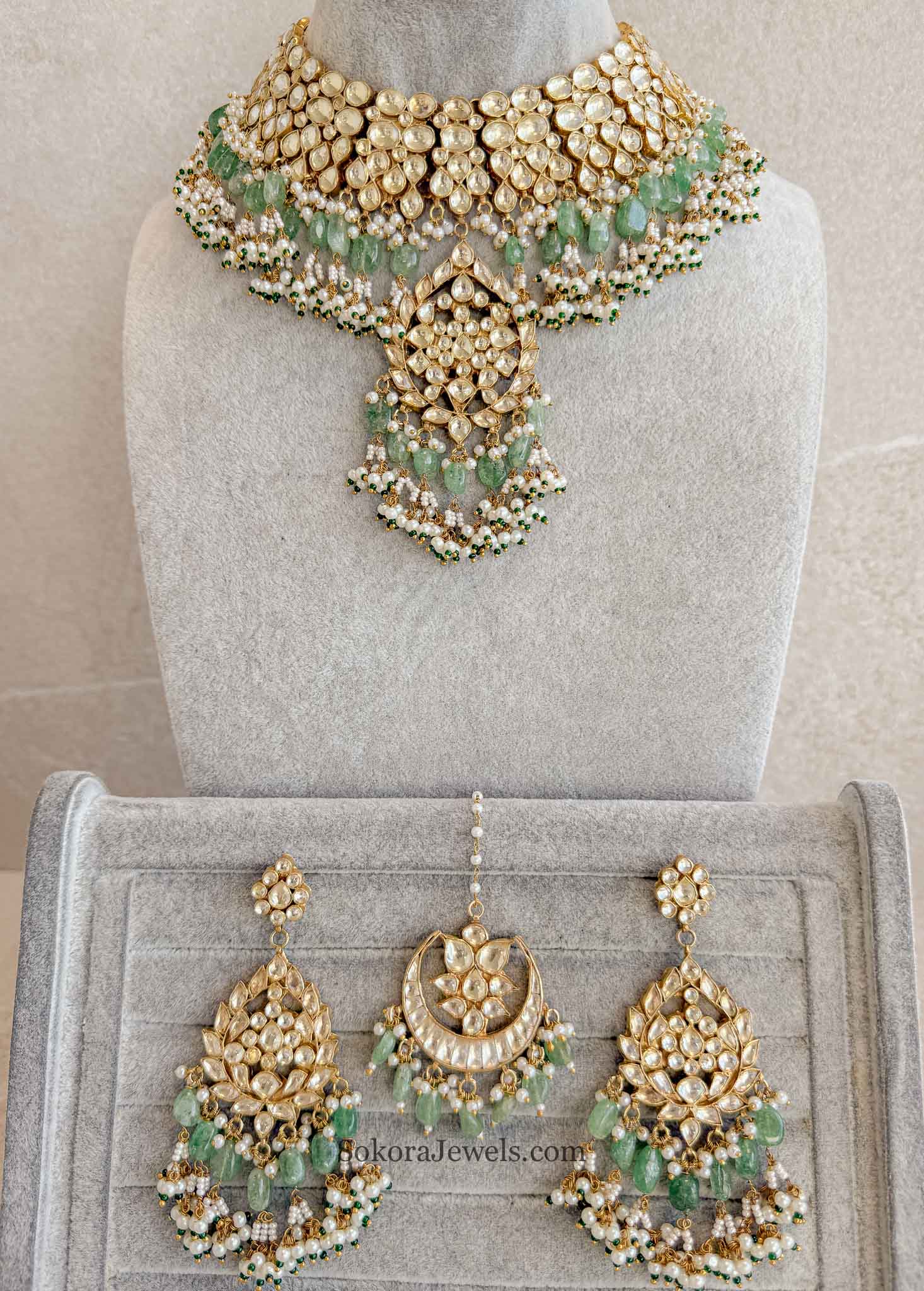 Gold Plated Heritage Kundan Bridal Jewellery Set – Green & Pearl