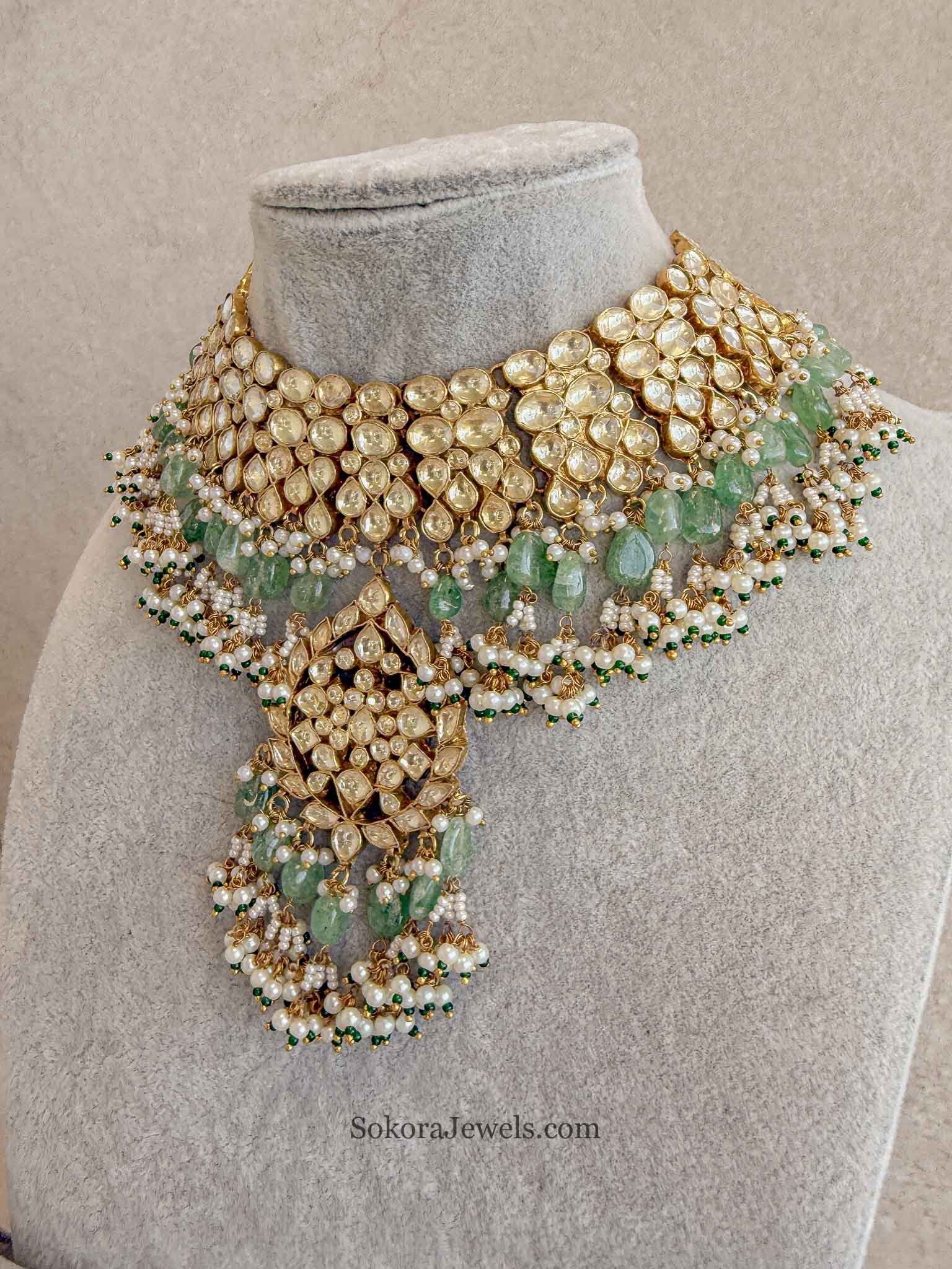 Gold Plated Heritage Kundan Bridal Jewellery Set – Green & Pearl