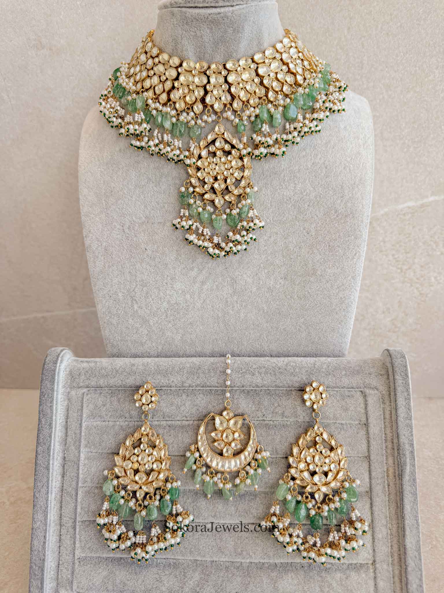 Gold Plated Heritage Kundan Bridal Jewellery Set – Green & Pearl