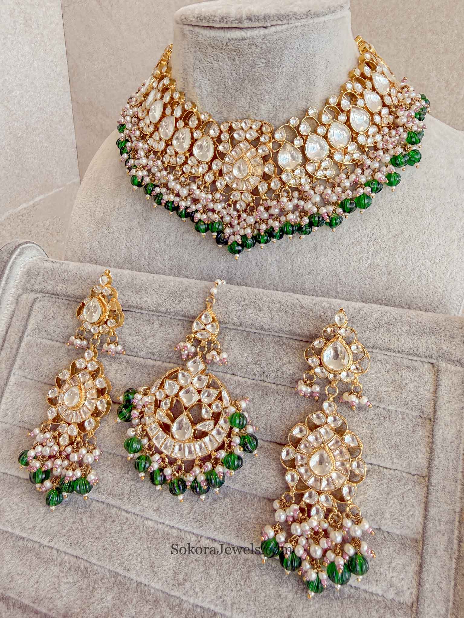 Gold Plated Heritage Kundan Bridal Necklace Set – Green, Pearl & Pastel Detailing