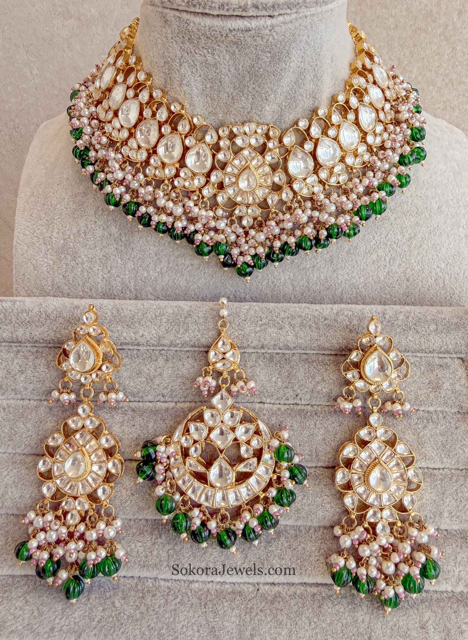Gold Plated Heritage Kundan Bridal Necklace Set – Green, Pearl & Pastel Detailing