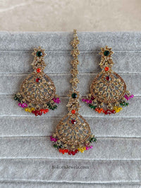 Priyansha Colourful Beaded Earrings & Tikka Set - Golden