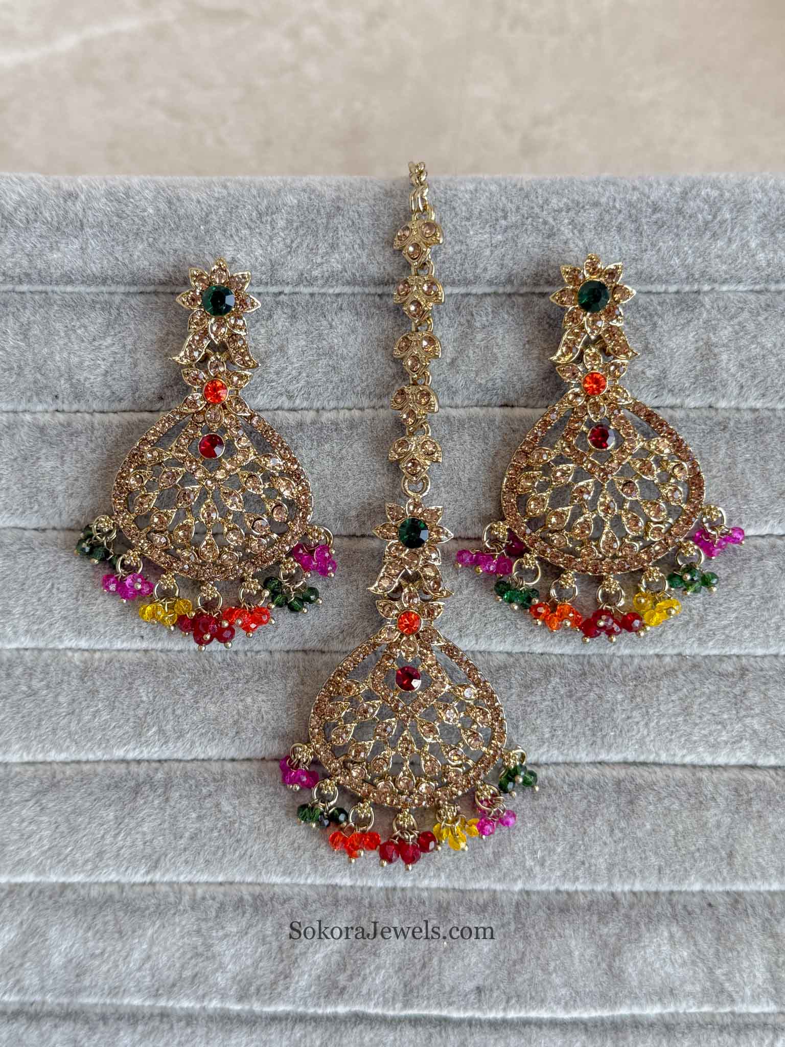 Priyansha Colourful Beaded Earrings & Tikka Set - Golden