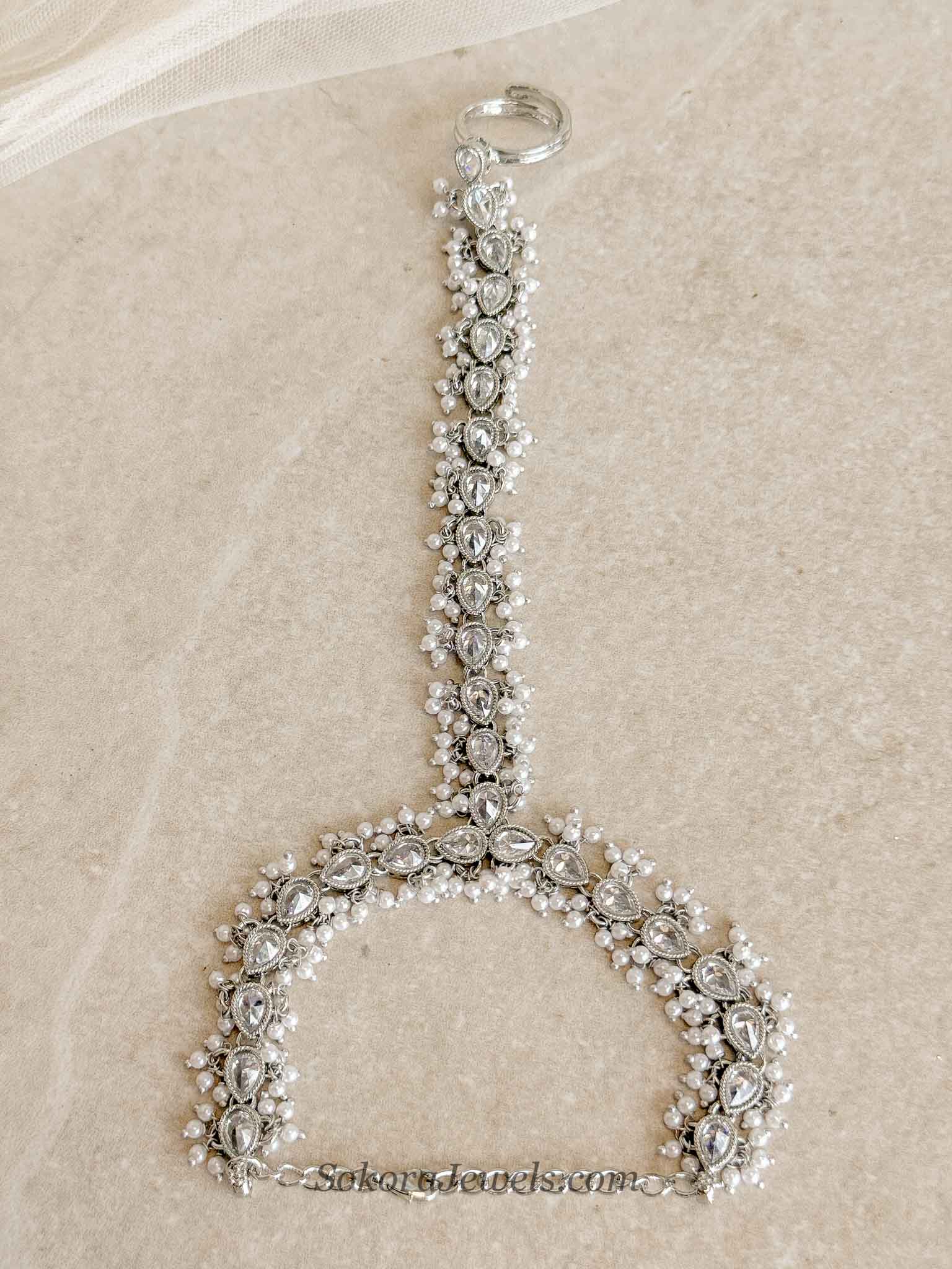 Aria Silver Hand Chain with Zircon & Pearl Detailing