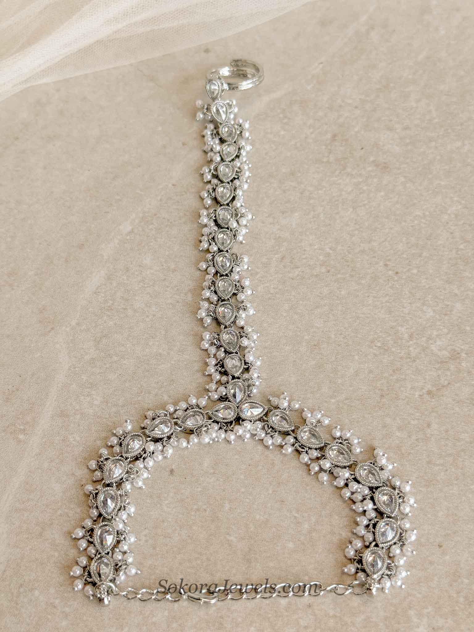 Aria Silver Hand Chain with Zircon & Pearl Detailing