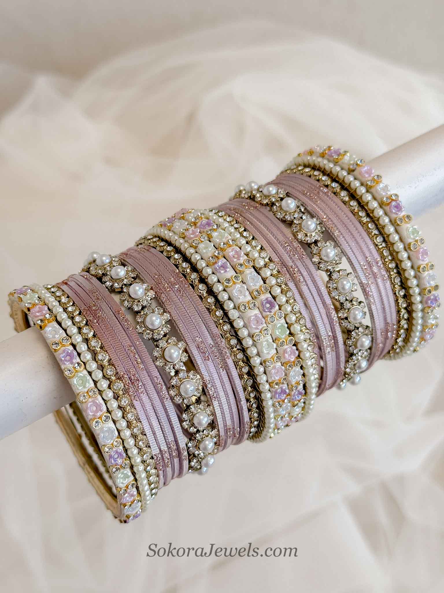 Blush Pink & Pastel Blossom Crystal Bangle Set