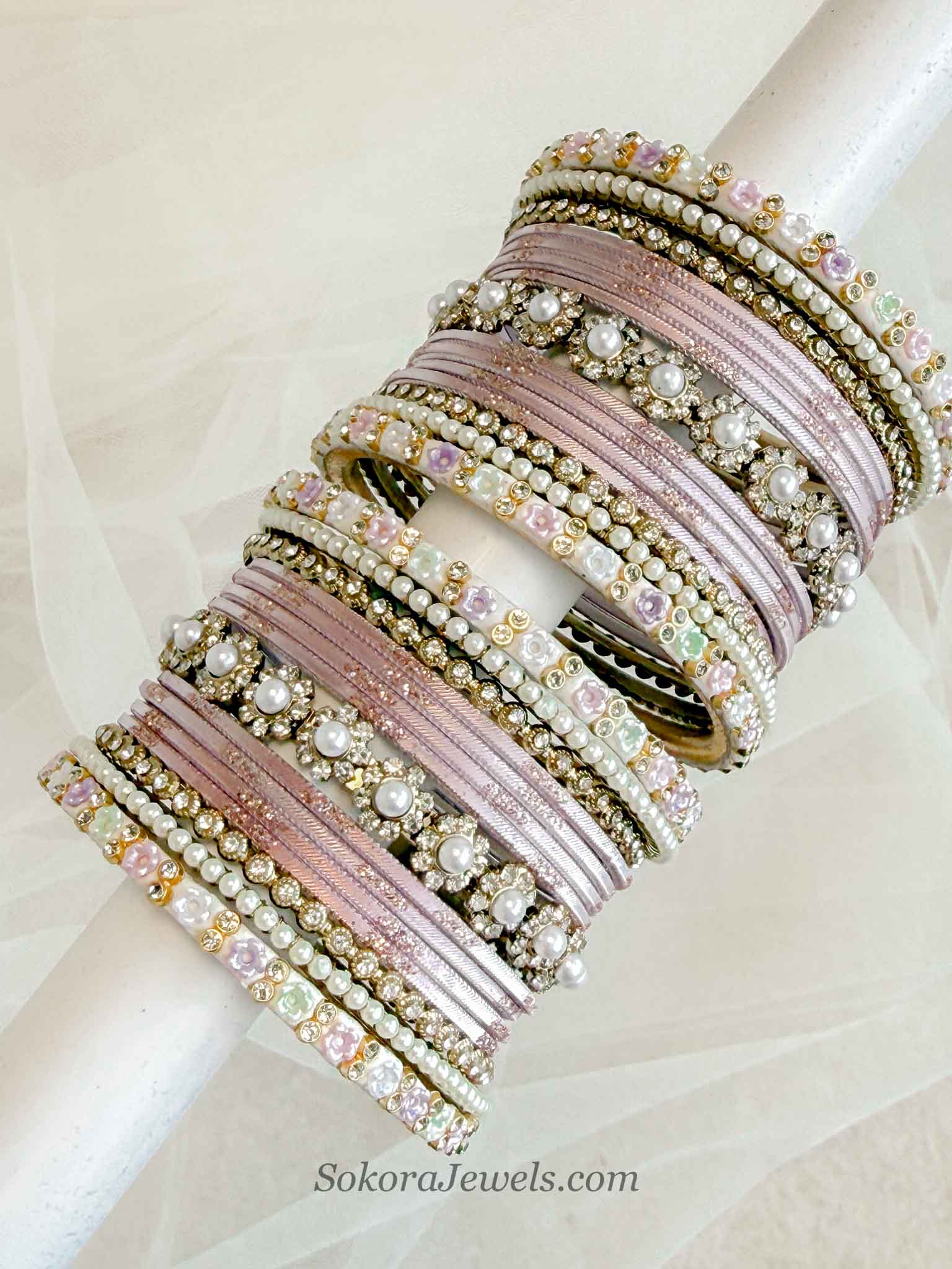 Blush Pink & Pastel Blossom Crystal Bangle Set
