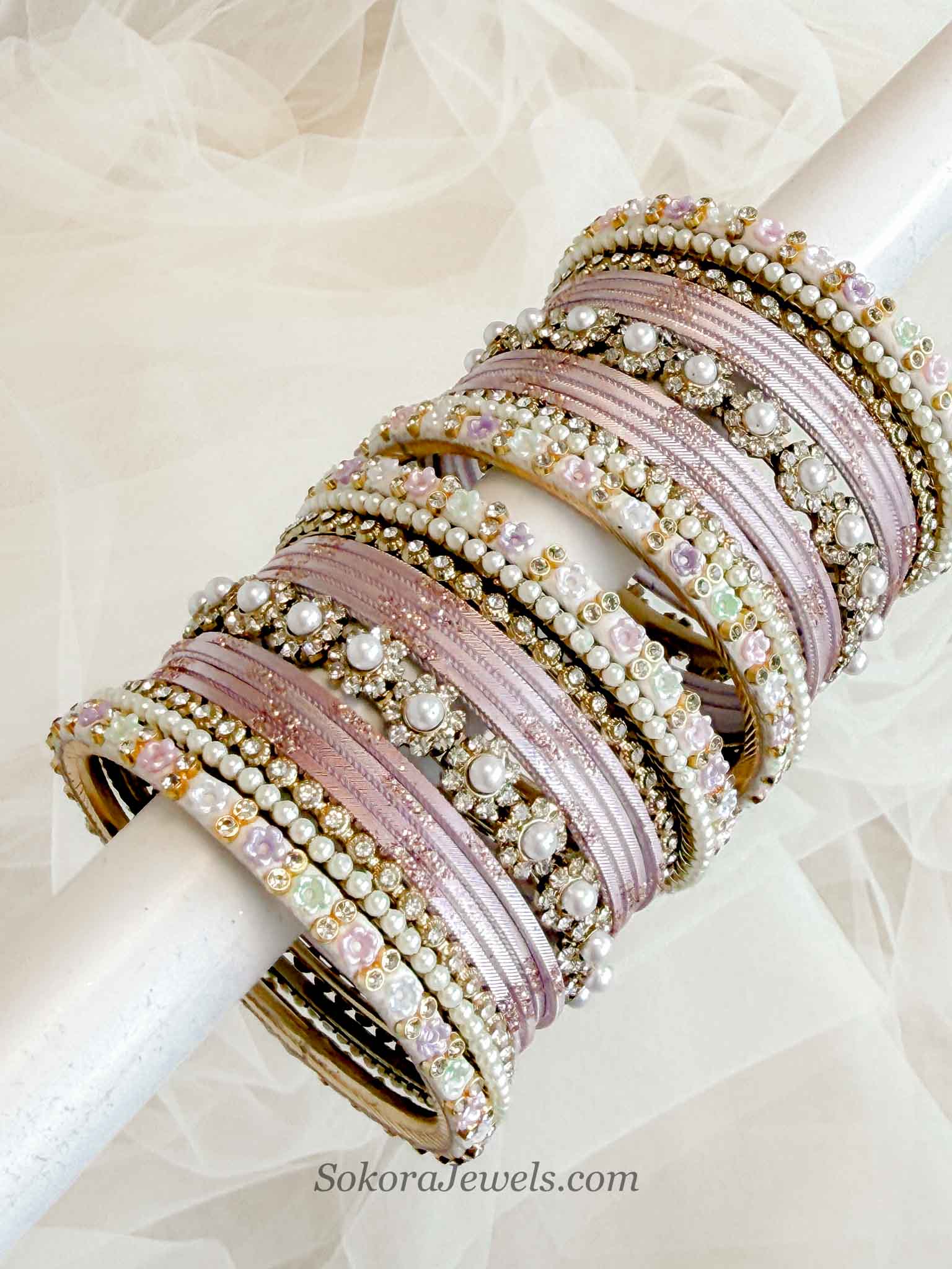 Blush Pink & Pastel Blossom Crystal Bangle Set