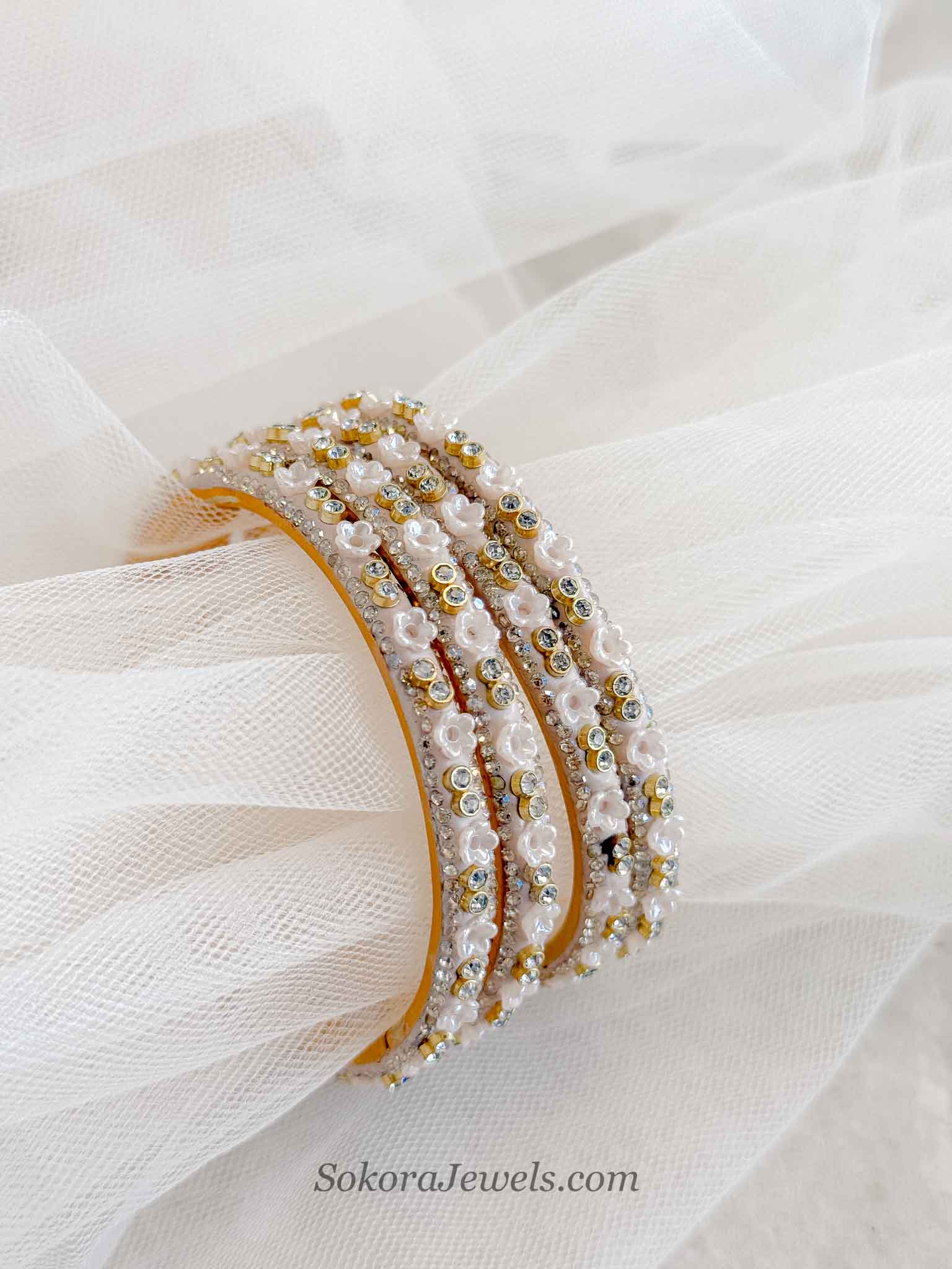 White Blossom Crystal Bangles