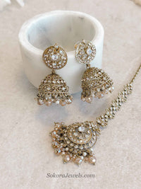 Mandala Golden Crystal Jhumka Earrings with Tikka Set