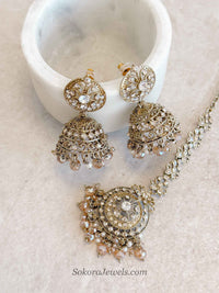 Mandala Golden Crystal Jhumka Earrings with Tikka Set