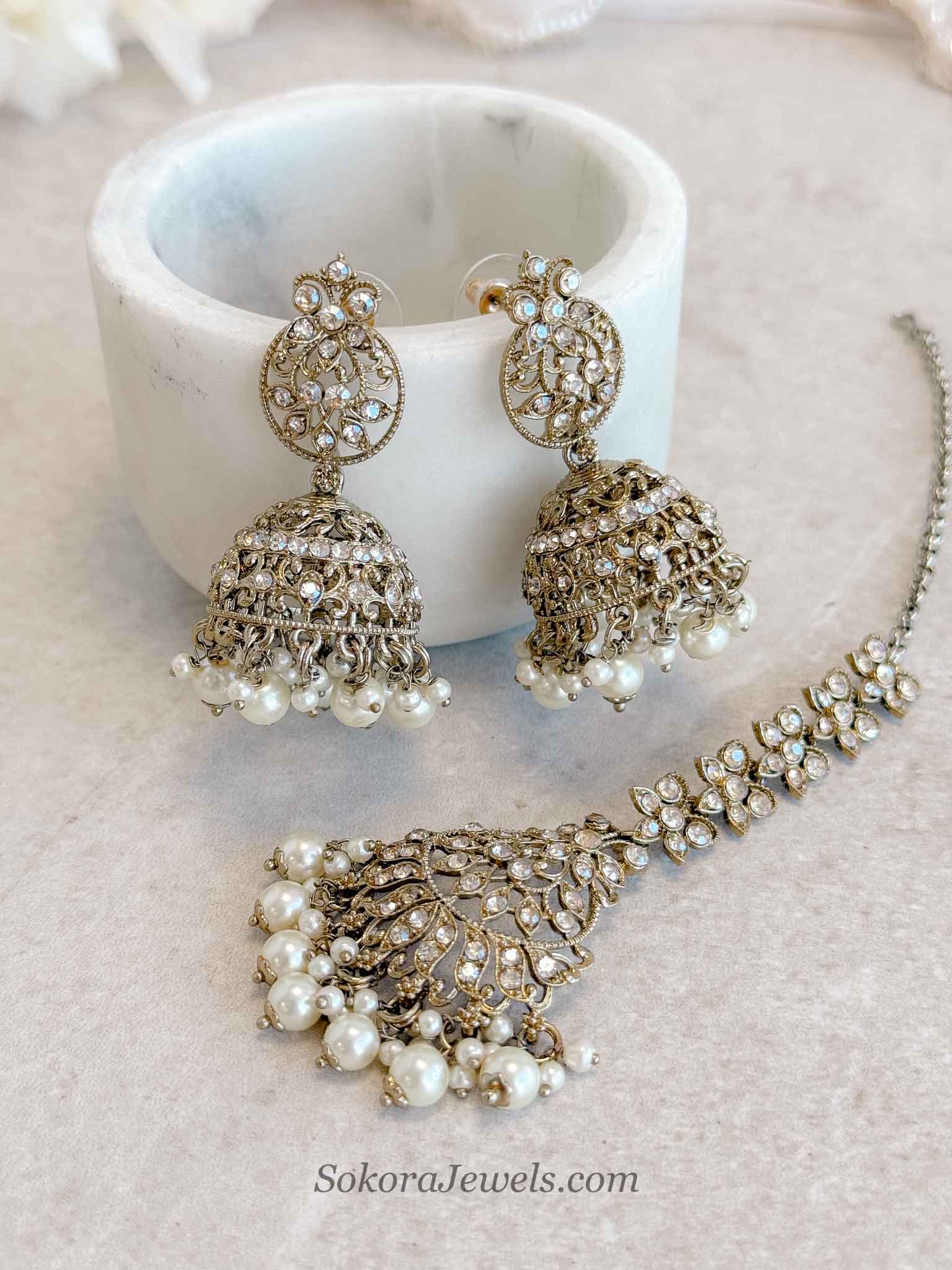 Pearl & Golden Jhumka Earrings with Tikka Set