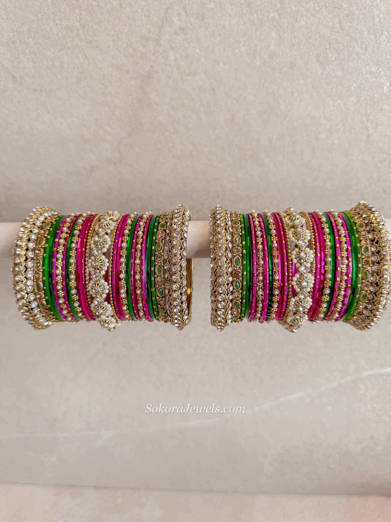 Bridal Multicolour Antique Gold Bangles Set – Pink and Green