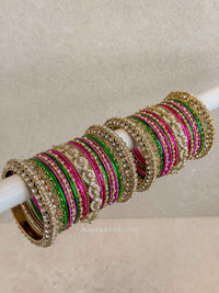 Bridal Multicolour Antique Gold Bangles Set – Pink and Green