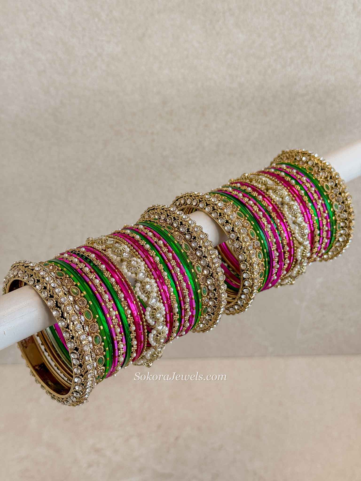 Bridal Multicolour Antique Gold Bangles Set – Pink and Green