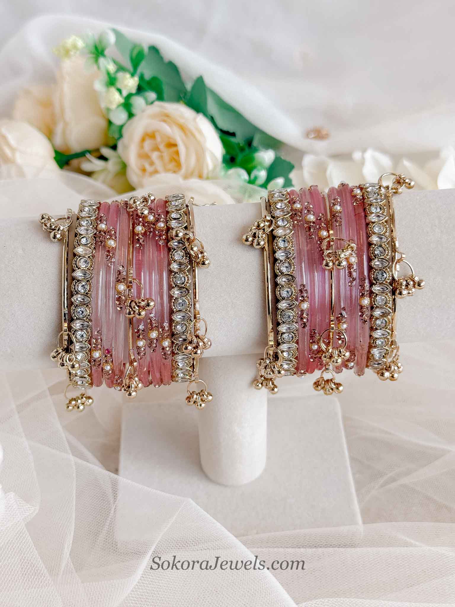 Glass Kashmiri Bangles Set - Pink