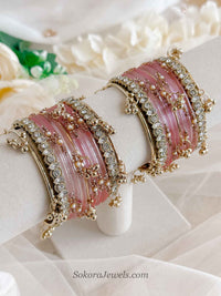 Glass Kashmiri Bangles Set - Pink