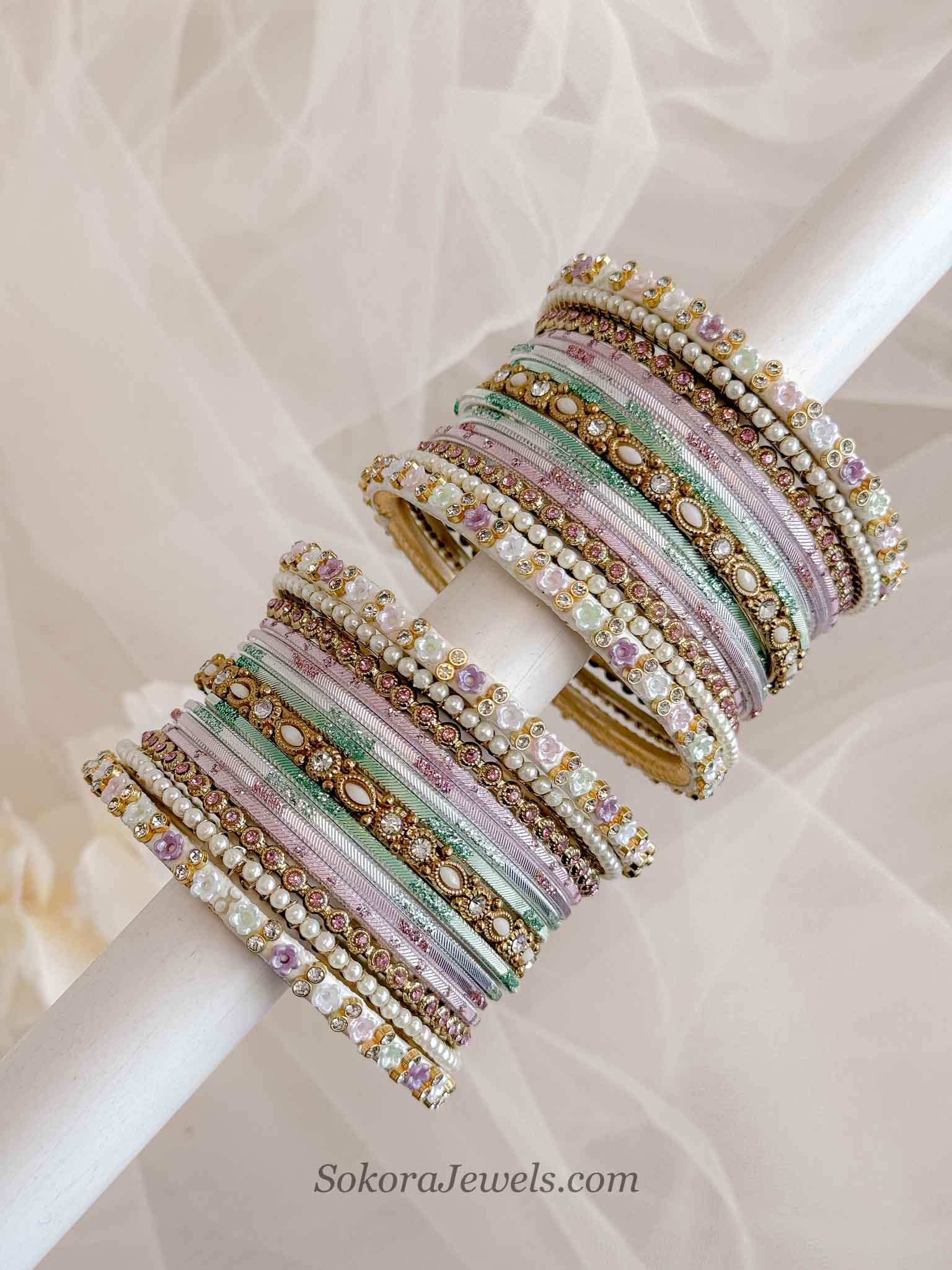 Pastel Blossom Crystal Bangle Set