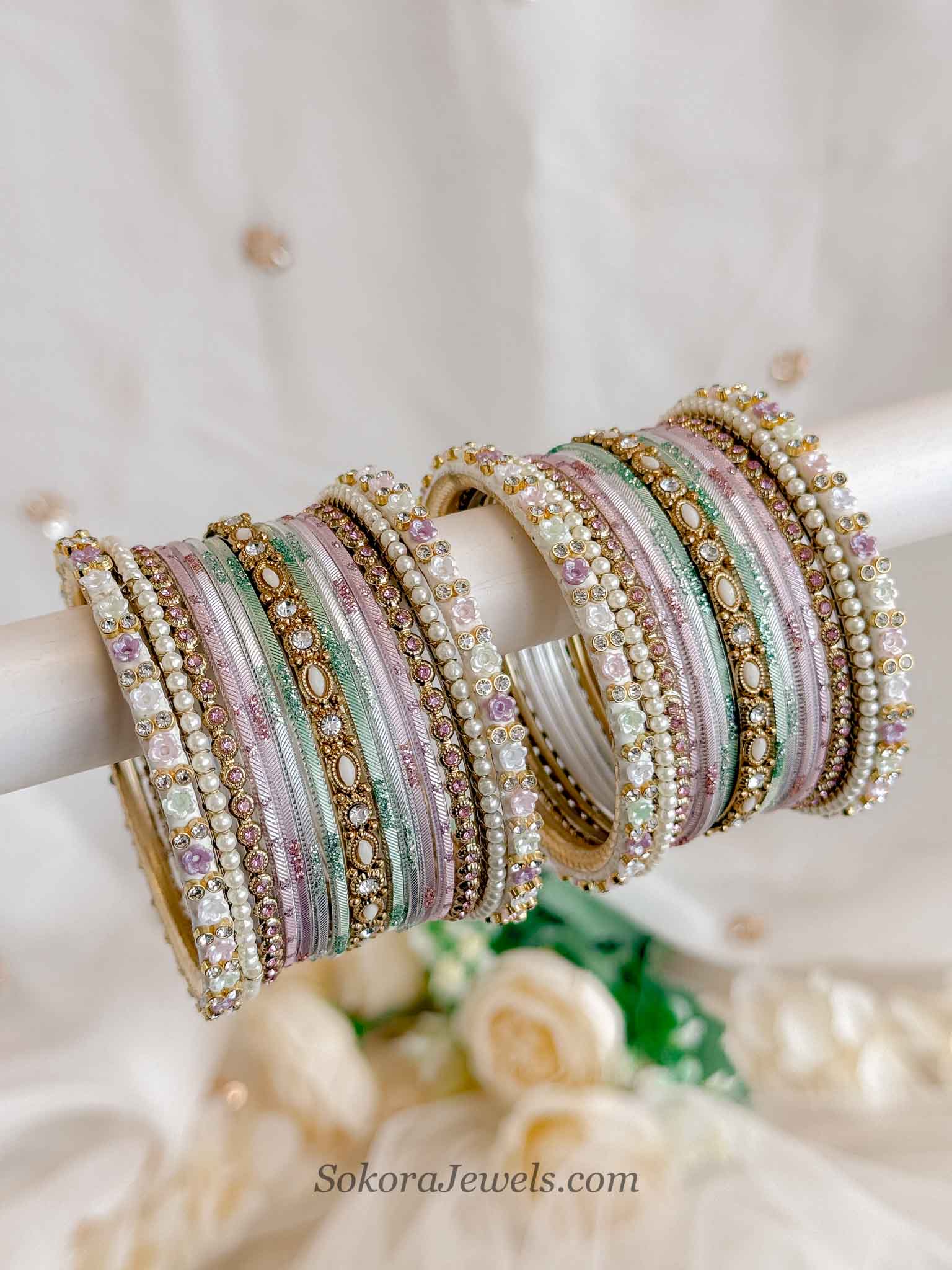 Pastel Blossom Crystal Bangle Set