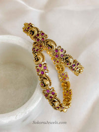 Temple Peacock Bangles – Antique Gold & Ruby Pink Stones
