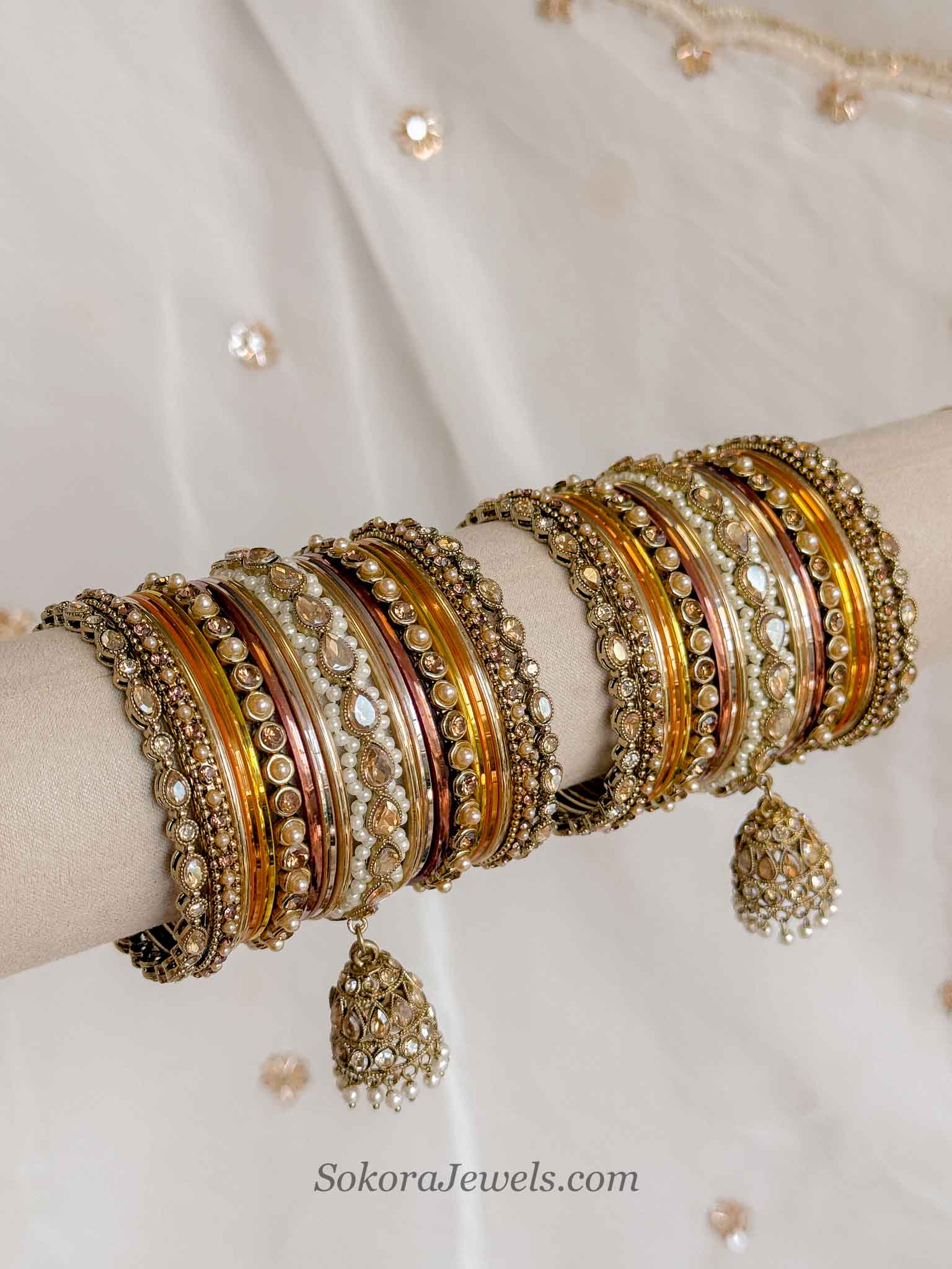 Viral Banana Latte Champagne Bridal Bangle Set with Jhumkas