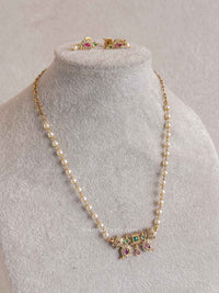 Dainty Pearl Kundan Necklace Set with Green & Pink Stones