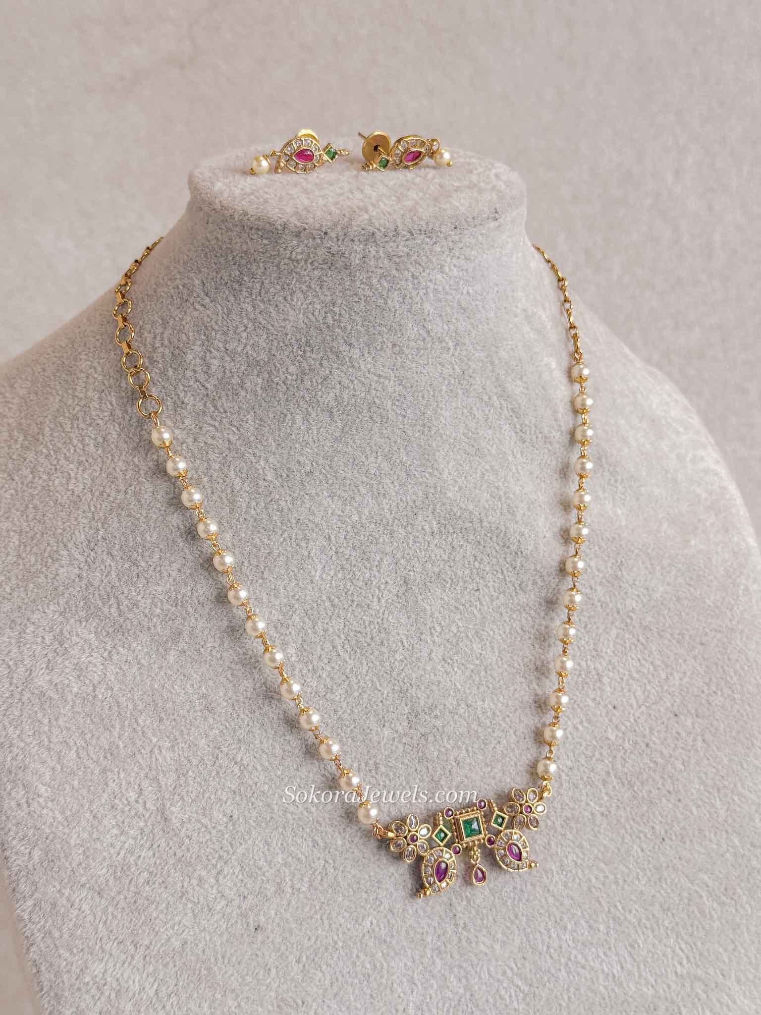 Dainty Pearl Kundan Necklace Set with Green & Pink Stones