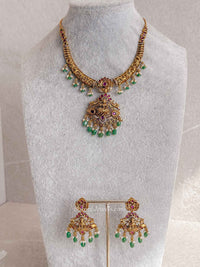 Lakshmi Temple Necklace Set with Green Bead Drops