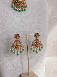 Lakshmi Temple Necklace Set with Green Bead Drops