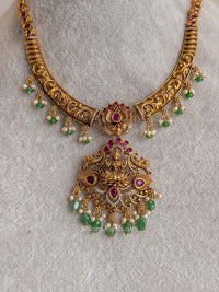 Lakshmi Temple Necklace Set with Green Bead Drops