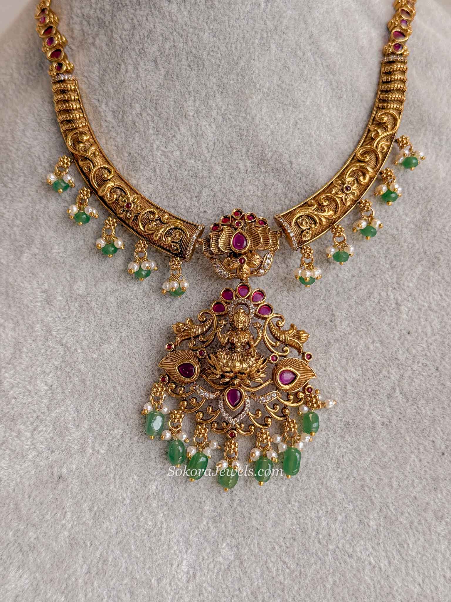 Lakshmi Temple Necklace Set with Green Bead Drops